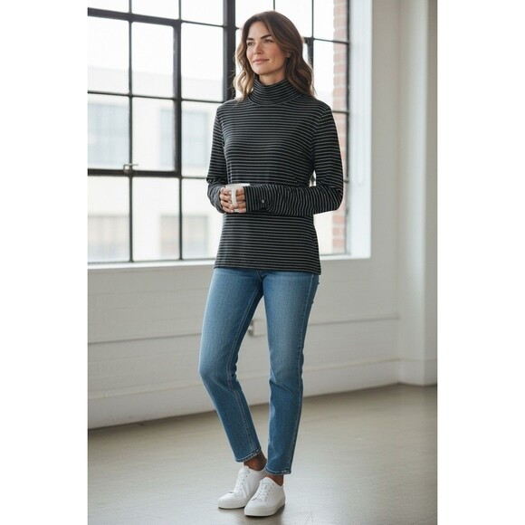 WHBM Mock Turtle Neck Black Striped Long Sleeve Button Detail Stretch Top Sz L - Picture 2 of 11